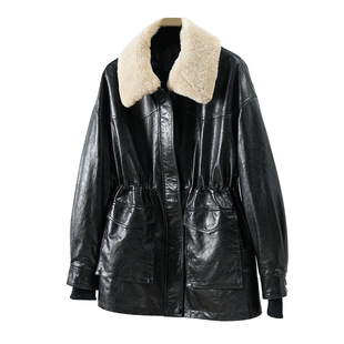 可拆卸羊毛领油蜡绵羊皮鹅绒真皮羽绒服女中长款2025冬新款皮外套