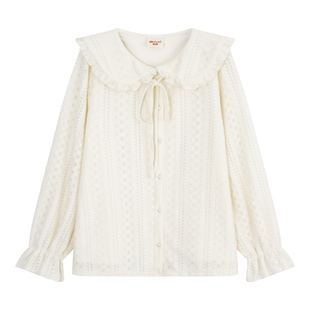 YUZI鱼子蕾丝针织开衫甜美娃娃领长袖宽松蝴蝶结内搭上衣大码女装