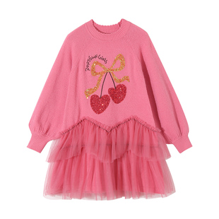 女童连衣裙2026新款拜年服网纱拼接毛衣裙儿童红色裙子新年衣服