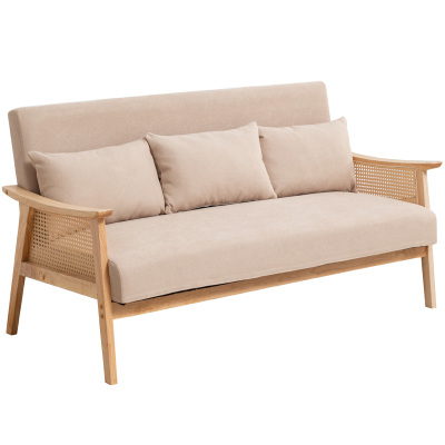 藤编实木布艺沙发双三人位