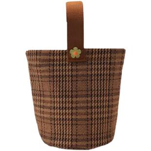 时尚简约格纹韩国帆布水桶包休闲百搭妈咪包加厚午餐饭盒袋手拎包