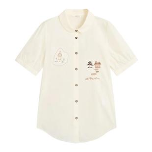 紫涵直筒娃娃领短袖衬衫女士夏季新款田园风贴布刺绣可爱白色衬衣