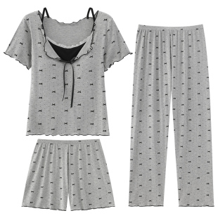带胸垫一体睡衣女春夏季莫代尔短袖三件套网红风蝴蝶结夏天家居服