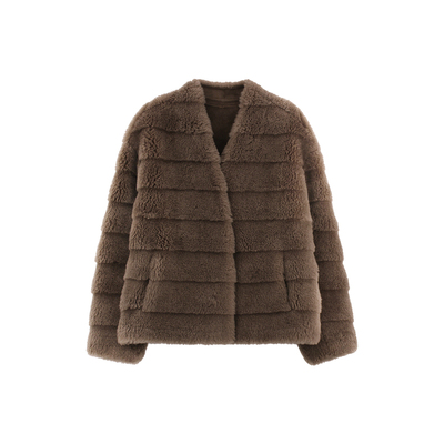 豆豆DD【鎏金时代】高奢100%绵羊毛气质V领毛毛外套女-958525DW