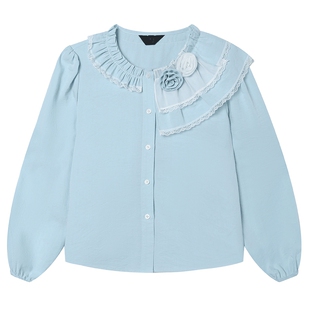 白鹿语法式温柔风立体花朵衬衫26春新款蓝色淑女甜美洋气显瘦上衣