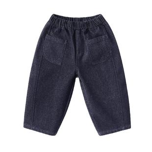 右欧男童女童加绒弯刀牛仔裤深色秋冬季新款童装保暖儿童加厚裤子