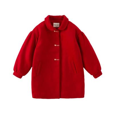 戴维贝拉女童外套2024春季新款儿童中大童红色夹棉新年款毛呢大衣