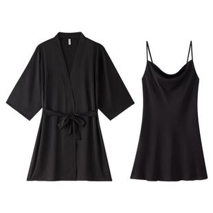 女士冰丝绸睡裙两件套性感睡衣夏2026新款黑色吊带睡袍家居服春秋