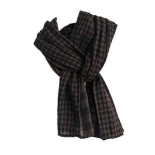 学院风双面棉麻围巾女秋冬英伦风长披肩百搭韩系氛围感格子男围脖