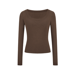 MosesQueen魔西女王咖色大U领打底衫女春秋冬内搭掐腰长袖t恤上衣