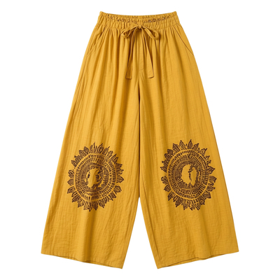 印花大码阔腿系腰绳大裤脚长裤女 Printed waistband loose pants