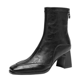 达芙妮瘦瘦靴女款2026春季新款春款法式短靴粗跟踝靴方头高跟鞋子