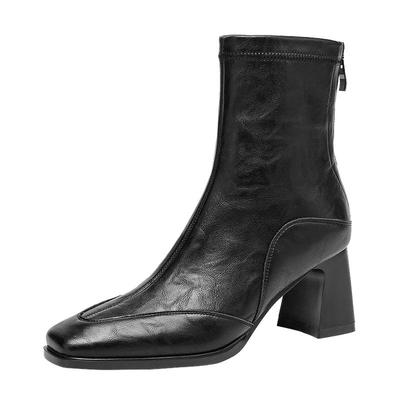 达芙妮复古方头瘦瘦靴粗跟短靴子