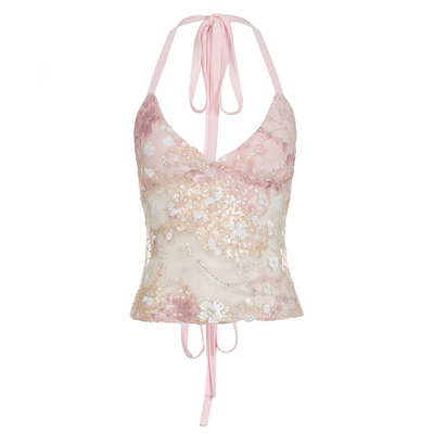 千禧辣妹风粉色亮片提花挂脖背心