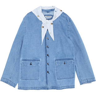 fafamoon设计师品牌2025春季新品丝巾挂面圆领西装休闲牛仔外套女