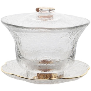 加厚耐热玻璃锤纹盖碗功夫茶具中式敬茶三才碗泡茶杯透明茶碗茶盖