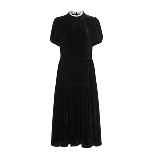 VGRASS维格娜丝秋冬新款水溶蕾丝拼接混纺丝绒假两件修身连衣裙女