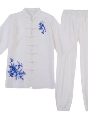 夏季薄款棉麻短袖太极服女练功服