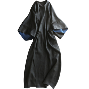 云澍原创 黑色素绉缎香云纱宽松倒大袖连衣裙早春盘扣桑蚕丝长裙