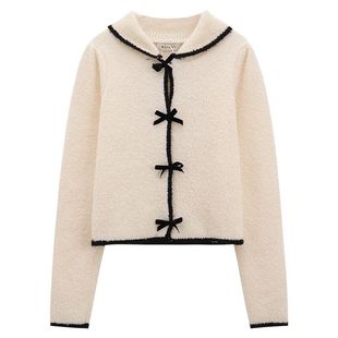 现货~蝴蝶结系扣翻领短款针织开衫毛衣外套女黑色丝绒半身裙套装