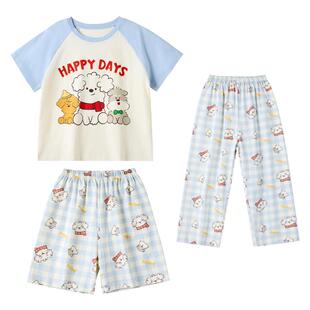 三件套儿童睡衣男童春夏季A类纯棉男孩子中童全棉短袖家居服套装