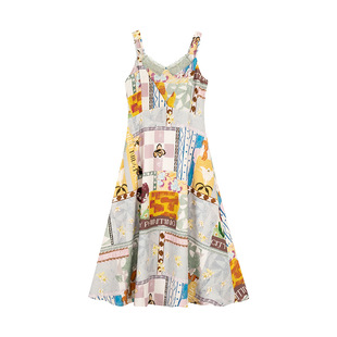 一城画一夏季度假风蕾丝花边拼接印花长款吊带连衣裙天丝麻