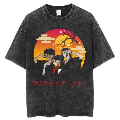 混沌武士Samurai Champloo无幻仁风水洗做旧T恤动漫男女宽松短袖