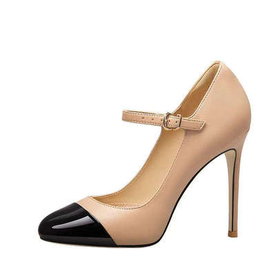 圆头浅口裸色高跟鞋一字带扣女鞋
