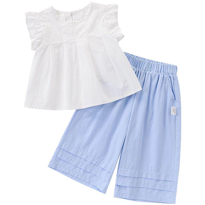 童装女童套装夏季新款宝宝清新纯色两件套儿童背心九分裤女孩衣服