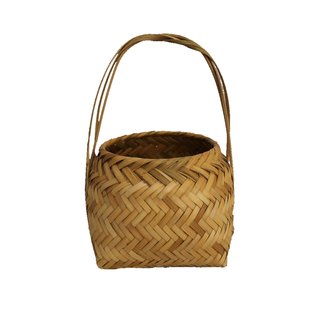 竹编手提篮 竹制品复古工艺竹编小篮带盖竹篮 圆形家用水果菜篮子