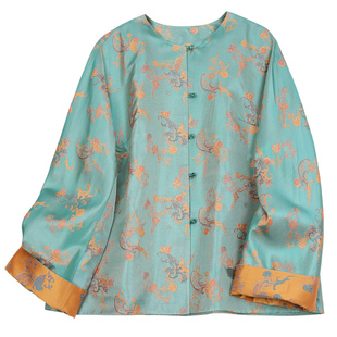 菲伊唐新秋女装真丝蜀锦复古中式茶艺服唐装改良国风圆领对襟上衣