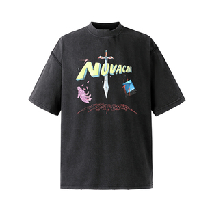 NOVACAM 2022 VINTAGE 美式复古重工水洗黑破坏宽松国潮短袖T恤