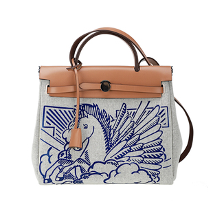 HOUSEOFANCY蓝色飞马手提包女包herbag31cm帆布拼真皮斜挎包716
