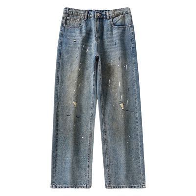 美式高街复古涂鸦宽松牛仔裤男