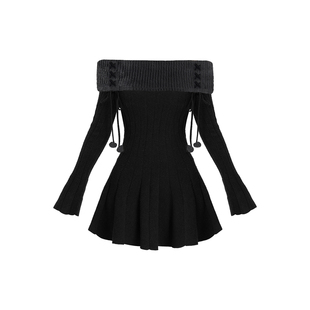 VOCK 冬季恋歌 暗黑辣妹秋冬新年修身毛衣裙露肩长袖内搭连衣裙子