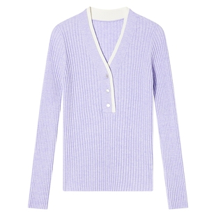 Goodland美地秋季法式撞色丁香紫上衣V领羊毛针织衫