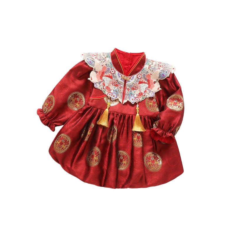 女宝宝周岁礼服红色喜庆中式抓周