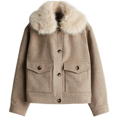 HM女装短外套秋季毛茸领简约保暖宽松长袖开衫1250910