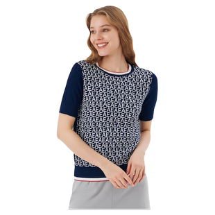 【冰丝纱线 冰爽透气】ELLE Active冰丝老花针织衫圆领短袖上衣女