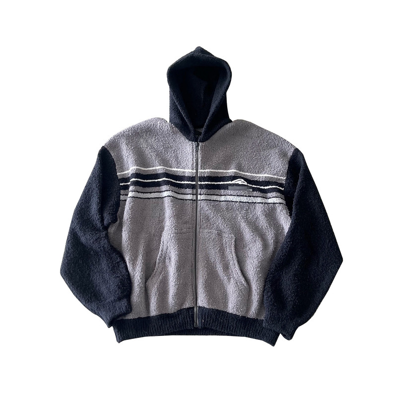3b刺绣黑灰拼色条纹针织毛衣拉链加厚Fluffy Hoodie连帽外套卫衣