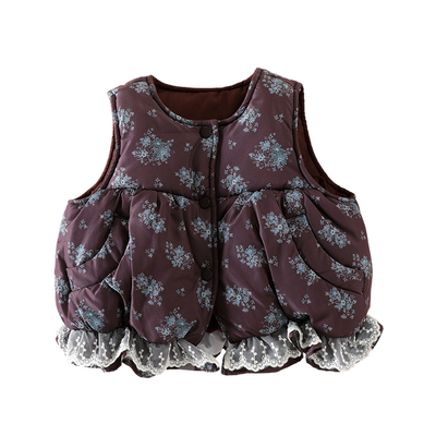 女童冬季马甲2025新款婴幼儿冬装百搭背心保暖无袖花边印花马夹