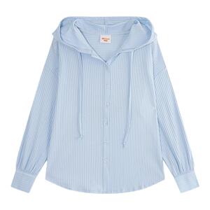 YUZI鱼子条纹连帽衬衫大码女装冬微胖mm妹显瘦遮肉200斤清新上衣