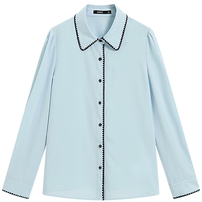 KBNE莱赛尔法式贝壳绣蓝色衬衫女2026春季新款长袖衬衣设计感上衣