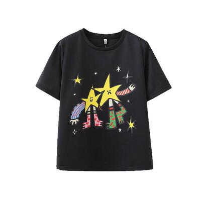 宛宛大码女装夏胖mm星星印花上衣宽松200斤轻薄透气空气棉短袖T恤