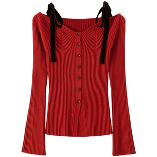 【绵羊毛】BANANA BABY2026年春新款千金风蝴蝶结绑带露肩针织衫