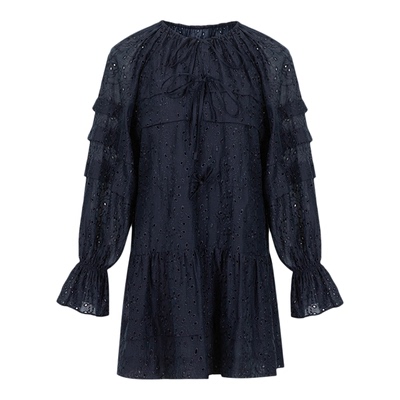 ELLIGIOI 25秋冬新款AW 藏蓝镂空蕾丝抽褶花边连衣裙