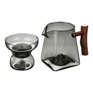 日式公道杯青灰茶海分茶器茶漏加厚玻璃侧把木把观山公杯玻璃茶具