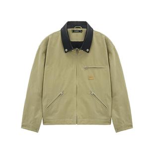 Unvesno(UN) 巴恩风秋冬廓形重磅短款洗水工艺皮领工装夹克外套秋