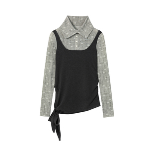 yawhat灰色波点拼接假两件天丝上衣堆堆领亨利领合身绑带抽褶衬衫