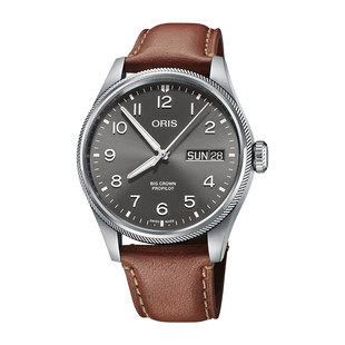 oris豪利时诺曼底登入腕表 752飞行员机械心手表男士灰盘棕皮44mm